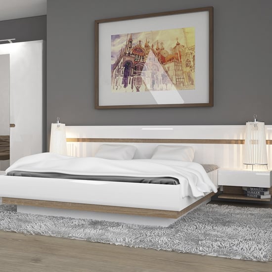 Cheya High Gloss Storage King Size Bed In White And Truffle Oak_3